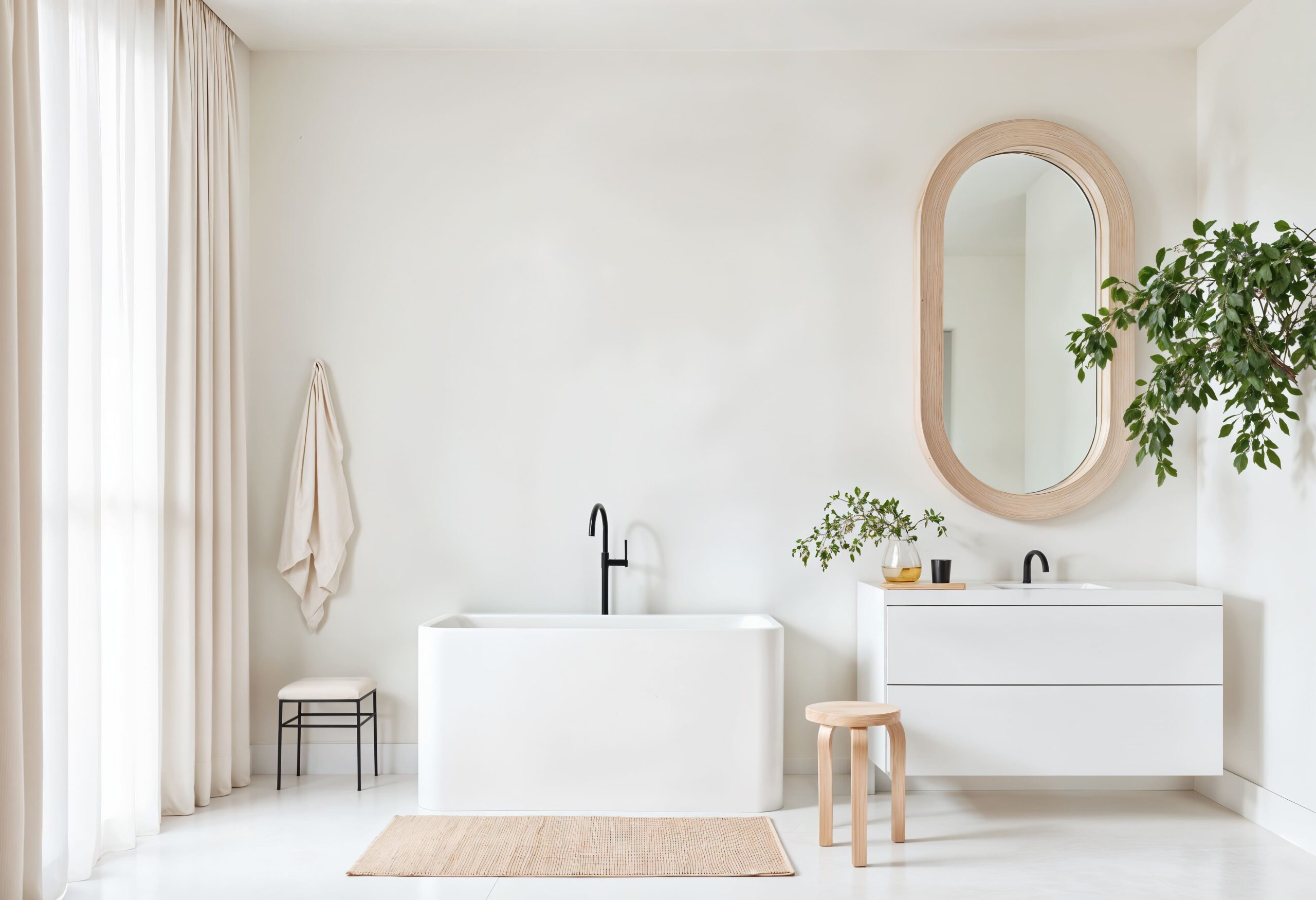 Salle de bain moderne rénovée dans un style épuré, avec baignoire design, meuble vasque minimaliste et décoration végétale.