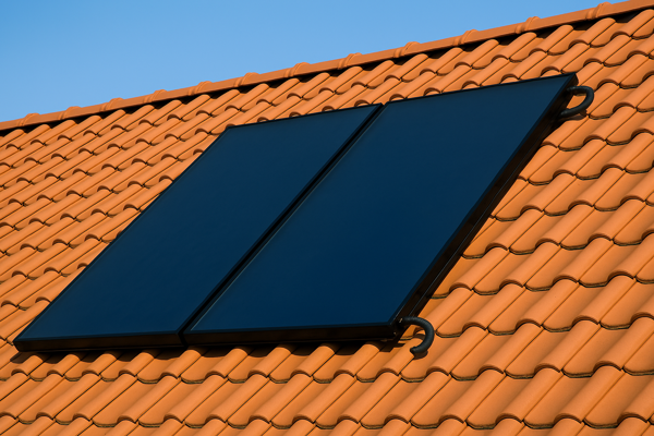 Deux capteurs solaires thermiques installés sur une toiture en tuiles orangées sous un ciel bleu