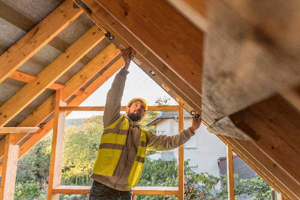 Artisan posant un isolant sous toiture dans des combles en rénovation