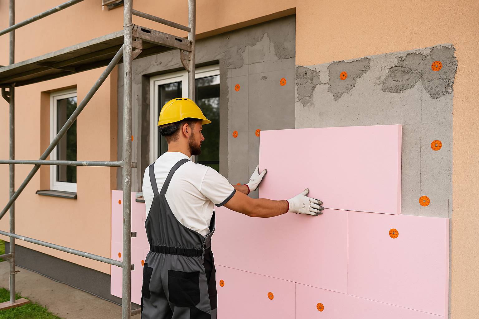 Ouvrier posant des panneaux isolants roses sur la façade extérieure d’une maison