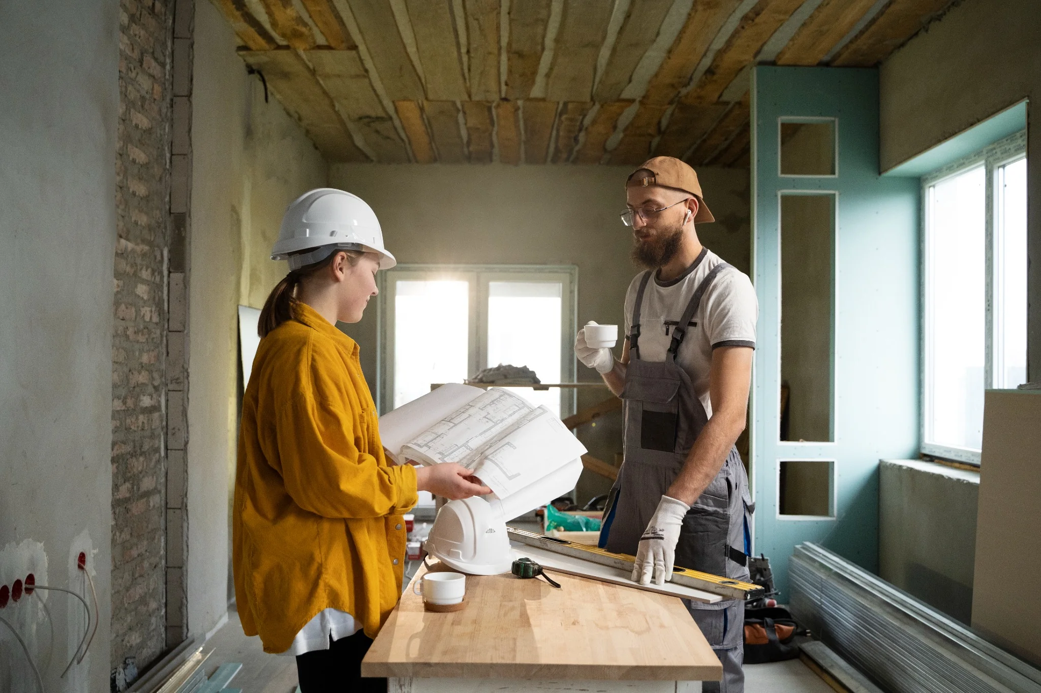 Deux professionnels en pleine discussion sur un chantier de rénovation intérieure, avec plan et outils sur table